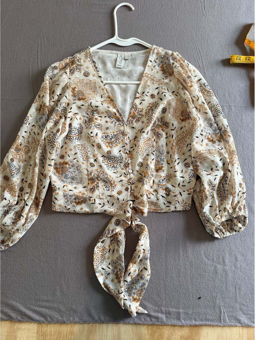 Joie Paisley Floral Tie-Front Blouse Cream Brown Black Size S/P